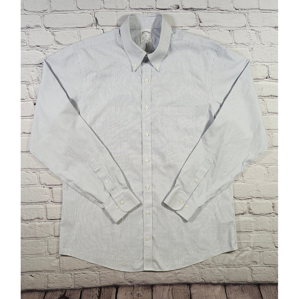 Brooks Brothers Regent Fit Chambray Shirt Blue White Check Non-Iron 16.5 6/7